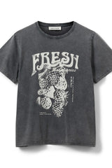Black t-shirt with white graphic design on a white background