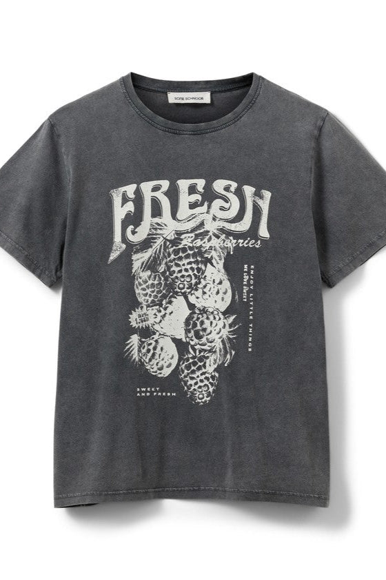 Black t-shirt with white graphic design on a white background