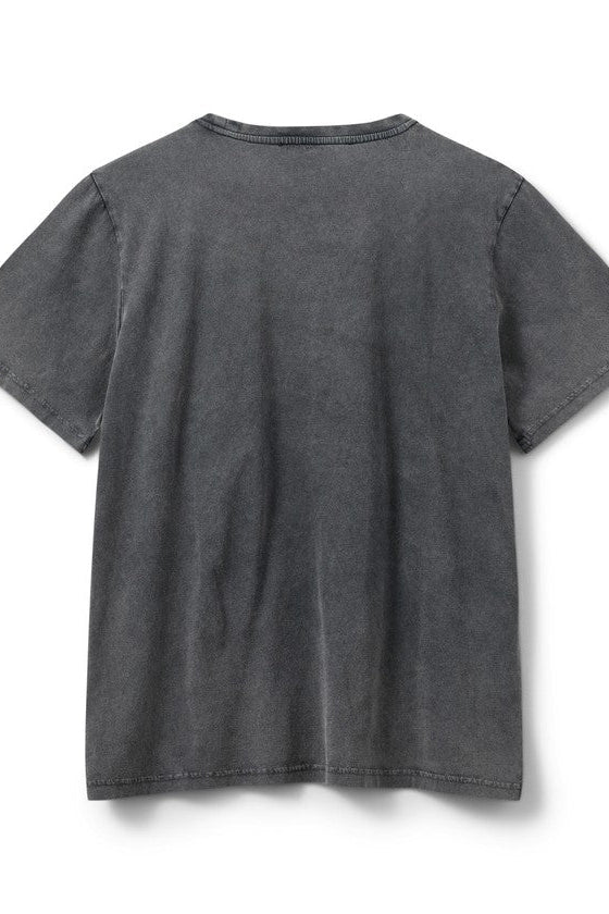 Back view of a plain dark gray t-shirt on a white background