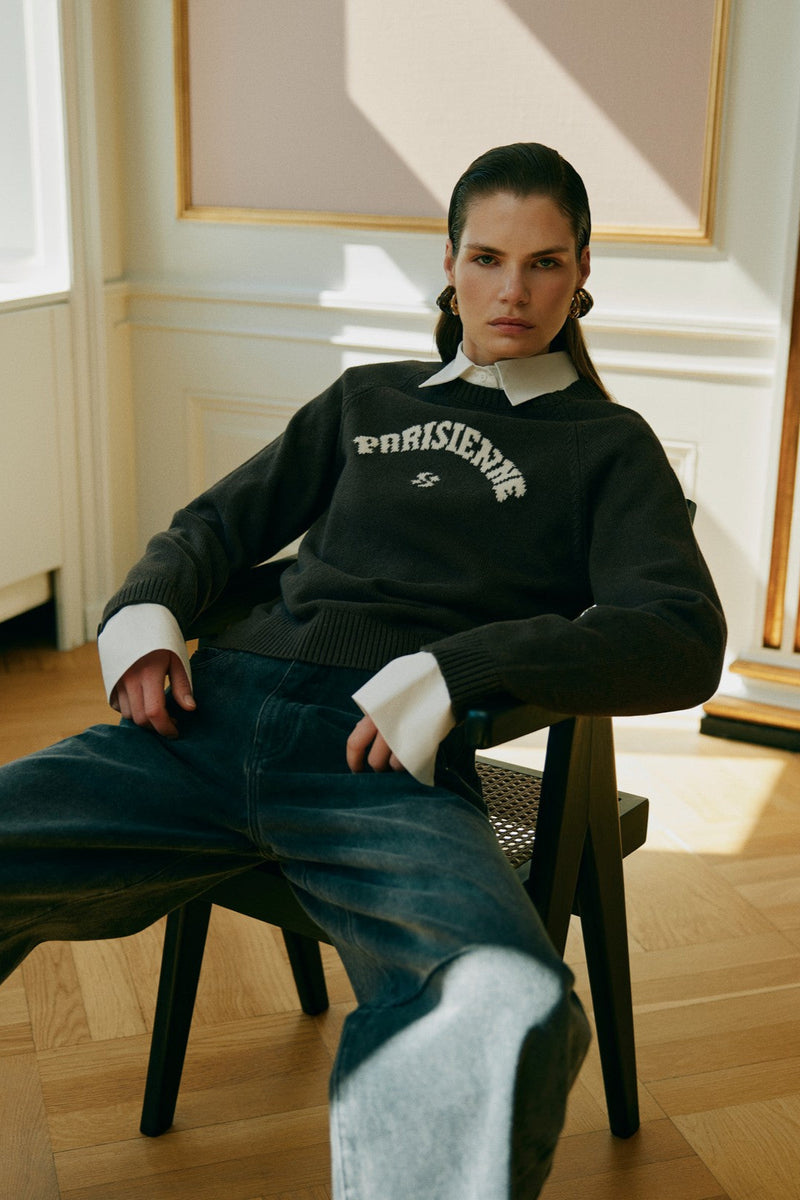 'Parisienne' Slogan Sweater in Dark Brown