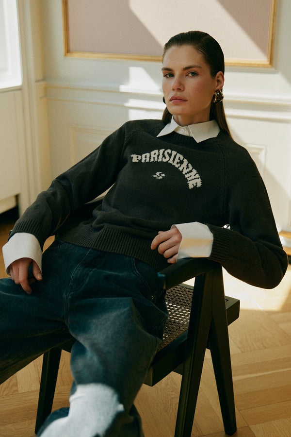 'Parisienne' Slogan Sweater in Dark Brown