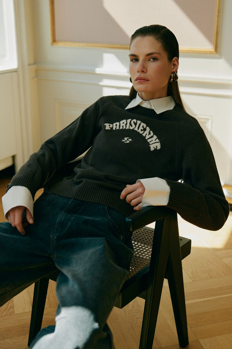 'Parisienne' Slogan Sweater in Dark Brown