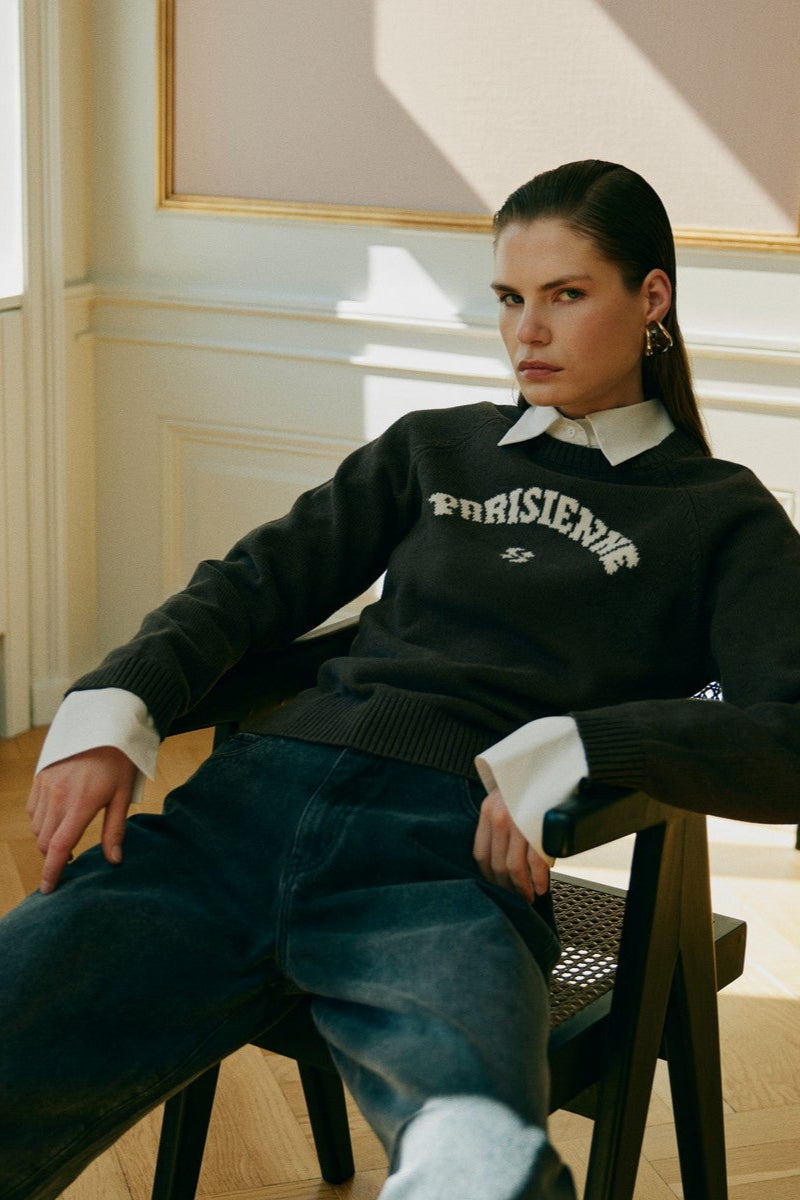 'Parisienne' Slogan Sweater in Dark Brown