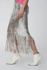 Sequin Fringe Skirt in Silver
