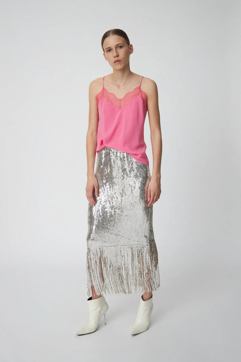 Sequin Fringe Skirt in Silver