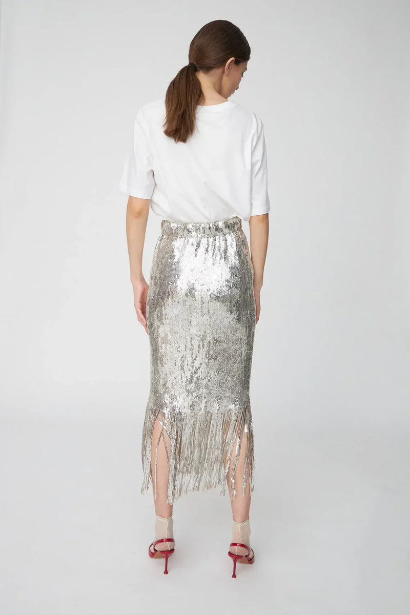 Sequin Fringe Skirt in Silver