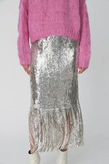Sequin Fringe Skirt in Silver
