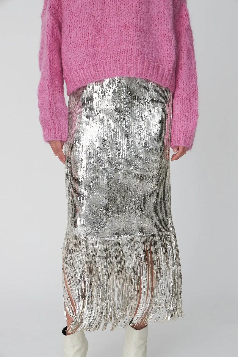 Sequin Fringe Skirt in Silver