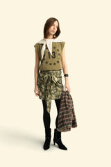 Short Wrap Skirt in Green with Floral Jacquard