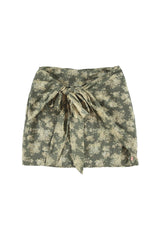 Short Wrap Skirt in Green with Floral Jacquard