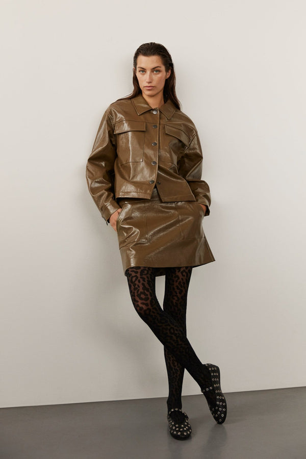 Short Leather Skirt in Military Green