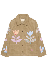 Brown jacket with floral embroidery on a white background