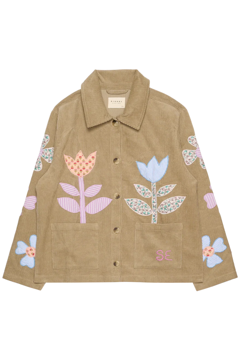 Brown jacket with floral embroidery on a white background