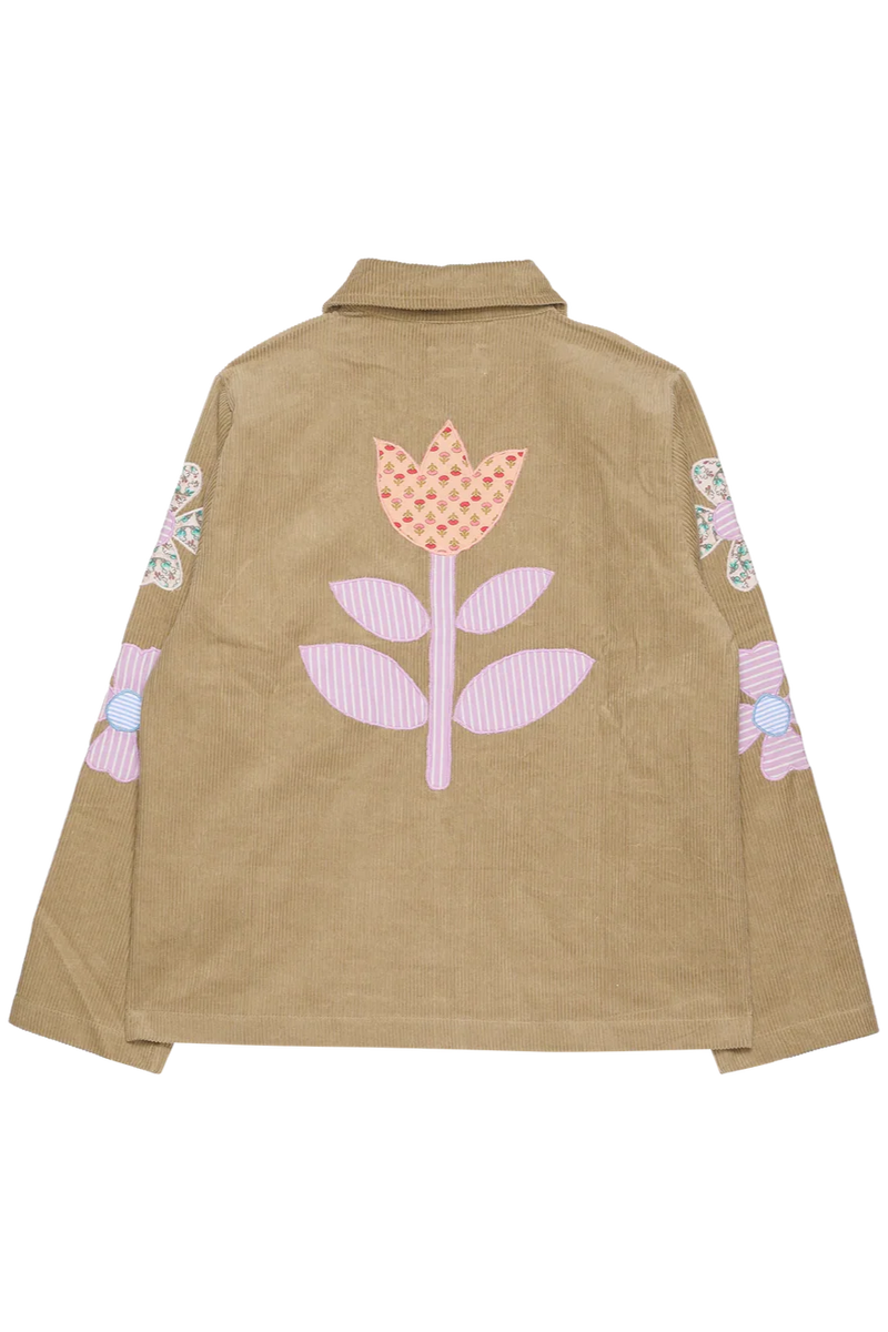 Brown jacket with floral designs on sleeves and a pink flower on back against a white background