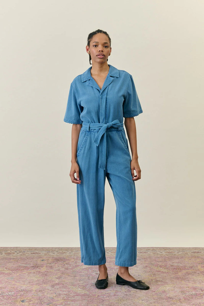 Denim Waist coat in a loose fit with belt to synch in waist and add shape 