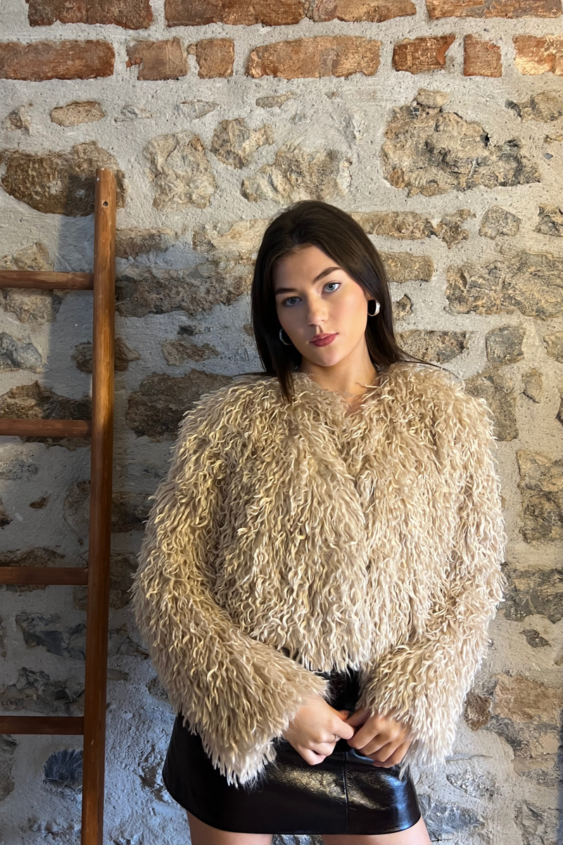 Short Fur Jacket In Ecru