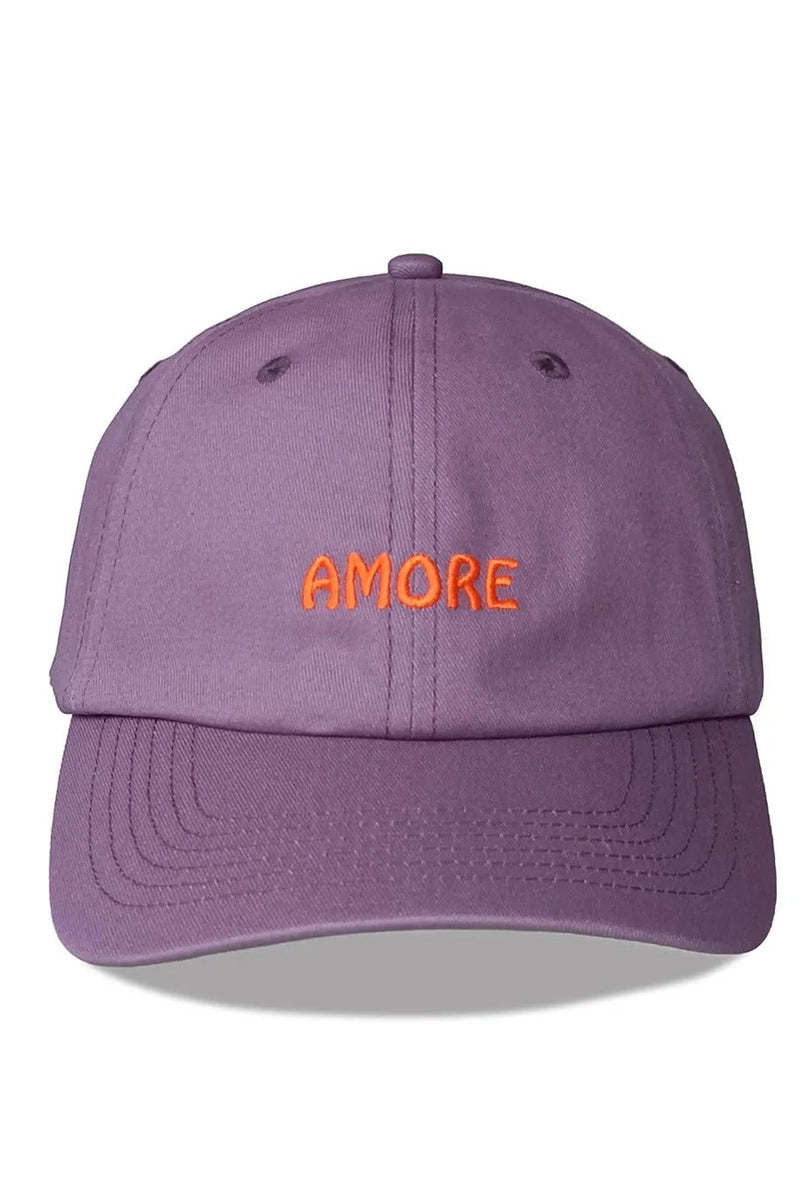 Purple cap with 'AMORE' embroidered on it against a white background
