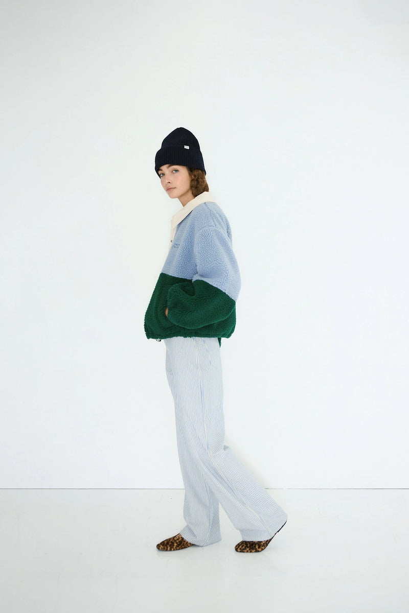Color Blocked Sherpa Jacket in Blue & Green