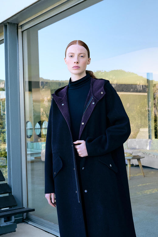 Two Tone Wool Blend Coat in Black