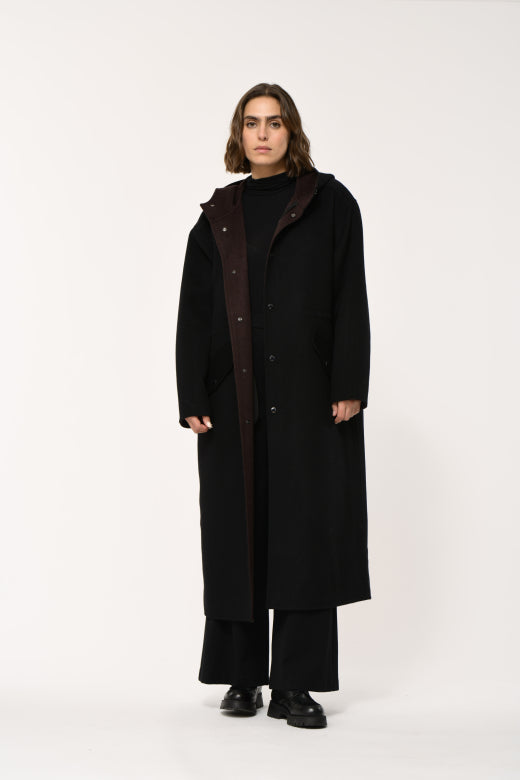 Two Tone Wool Blend Coat in Black