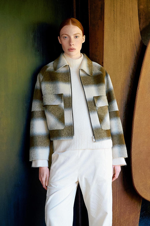 Check Print Cropped Jacket in Khaki and Ivory
