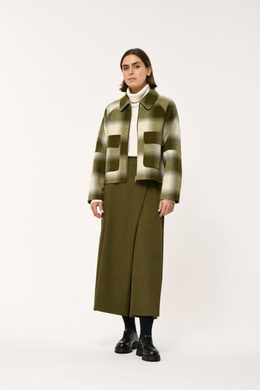 Check Print Cropped Jacket in Khaki and Ivory