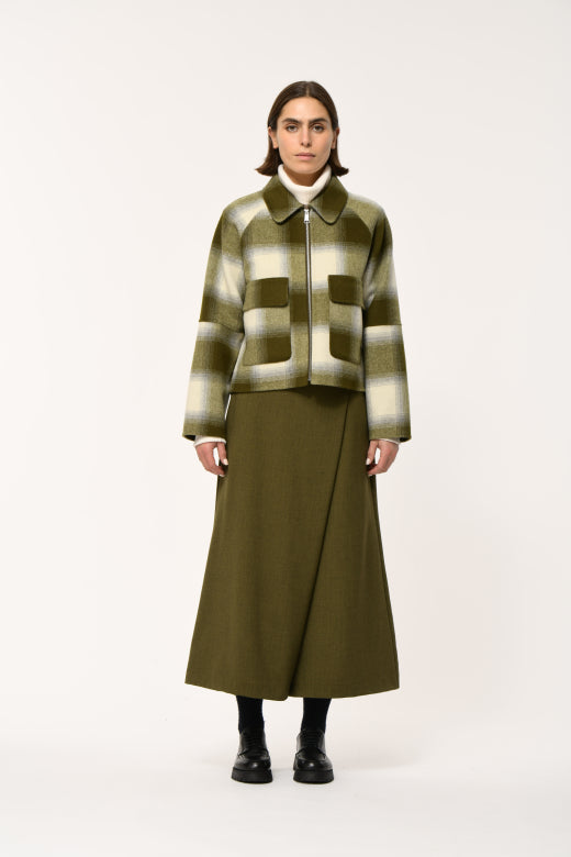 Check Print Cropped Jacket in Khaki and Ivory