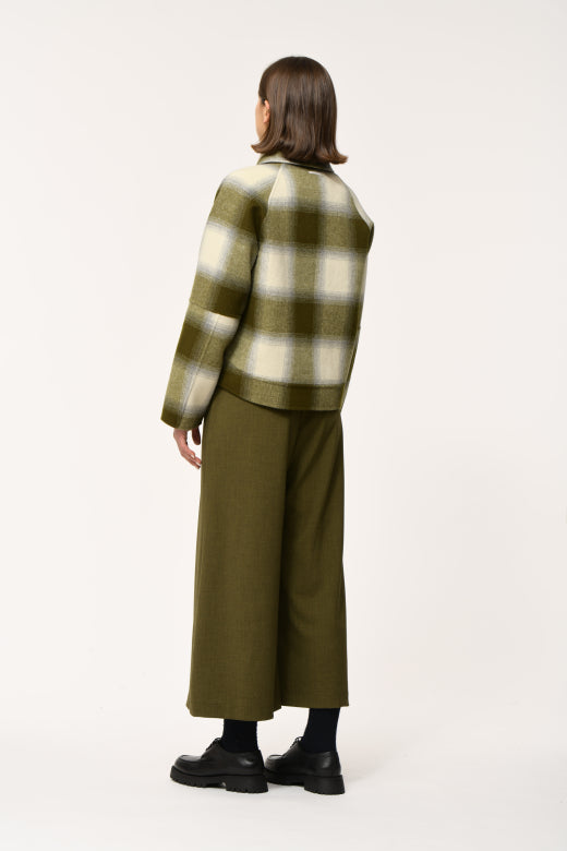 Check Print Cropped Jacket in Khaki and Ivory