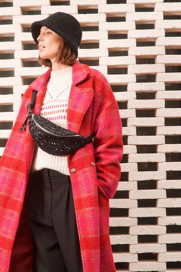 Long Check Coat in Red and Pink