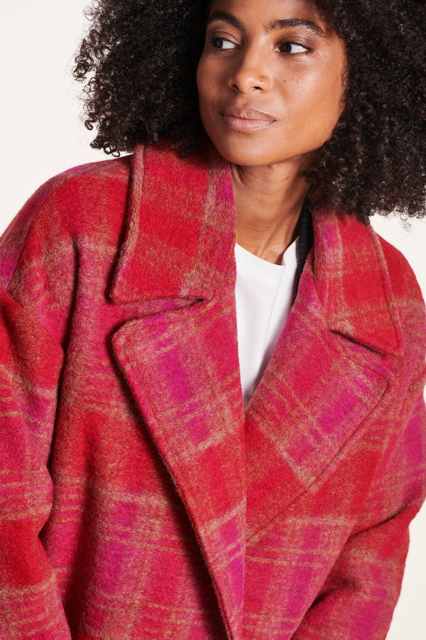 Long Check Coat in Red and Pink