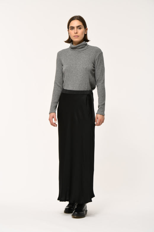 Flared Satin Midi Skirt in Black