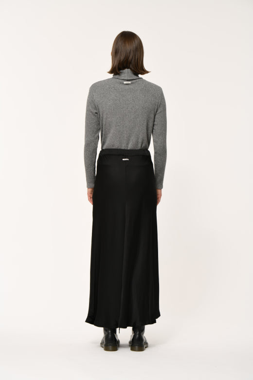 Flared Satin Midi Skirt in Black