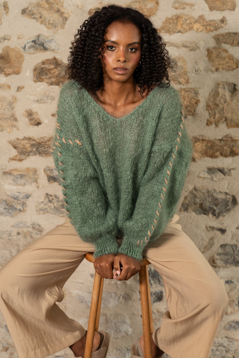 Mohair Knit with Stitching in Dusty Green