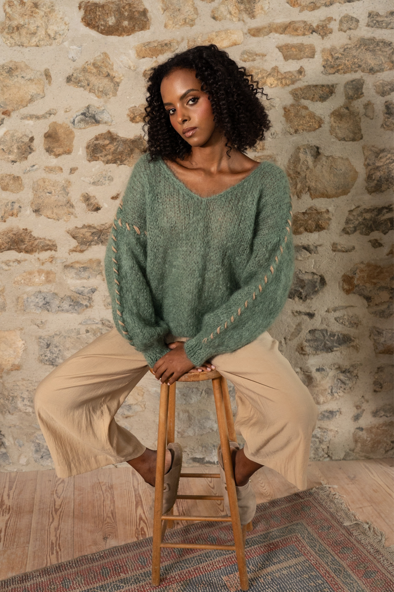 Mohair Knit with Stitching in Dusty Green