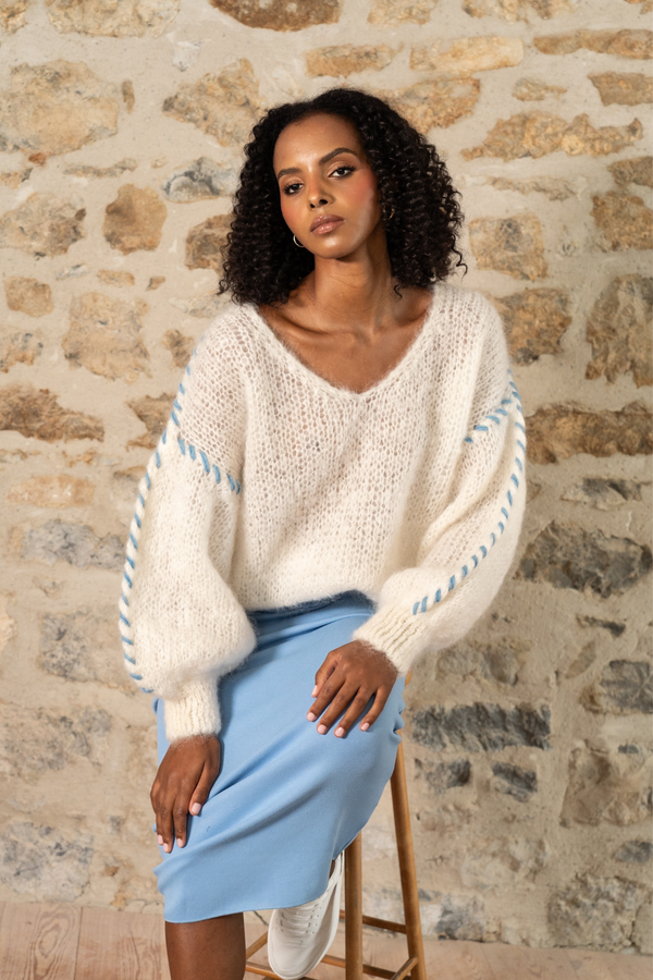 Mohair Knit with Stitching in White