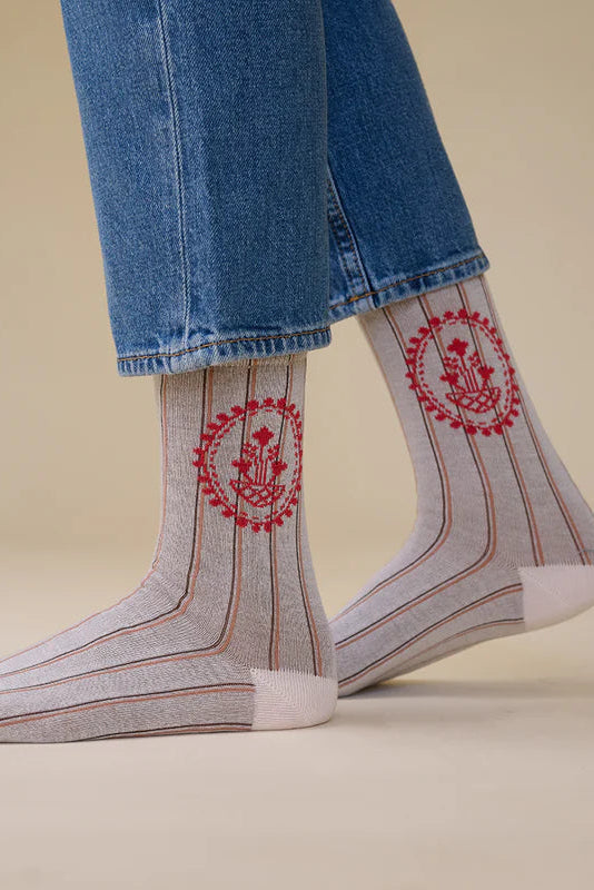 Striped Floral Sock in Red