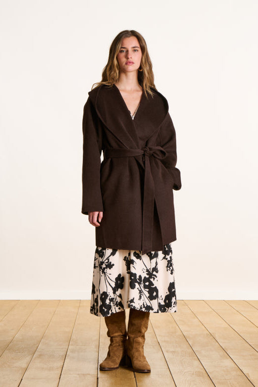 Hooded Wool Coat in Brown