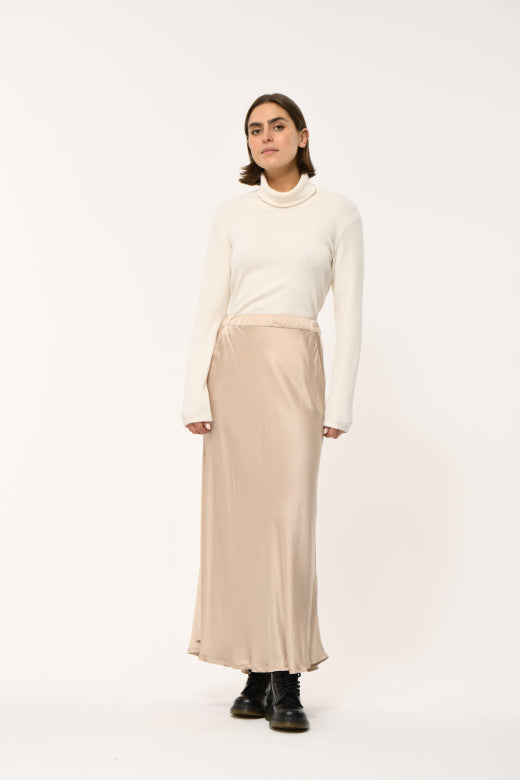 Flared Satin Midi Skirt in Champagne