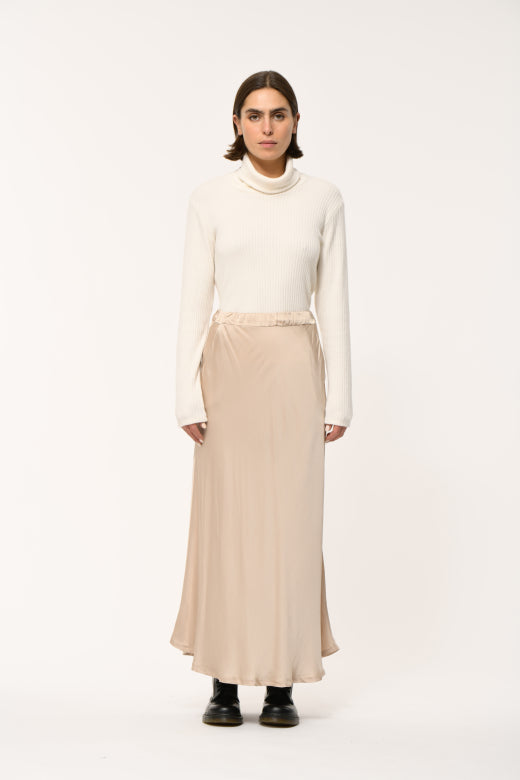 Flared Satin Midi Skirt in Champagne