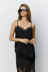 Leona Satin Lace Top in Black
