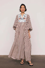 Scallop Embroidery Bib Maxi Dress in Stripe