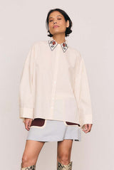 Embroidered Collar Cotton Shirt in Cream